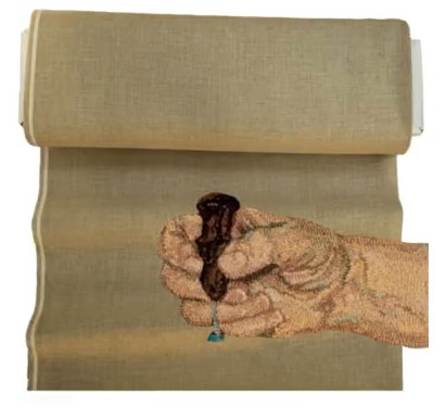Hooked rug of a hand pulling the first loop over Michele Micarelli hairless linen backing