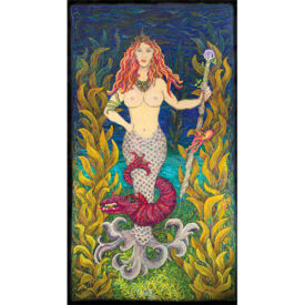 Michele Micarelli's alter ego, a mermaid protecting the ocean while being protected by her sea monster. Guarding Marina, Mermaid Hooked Rug by Michele Micarelli